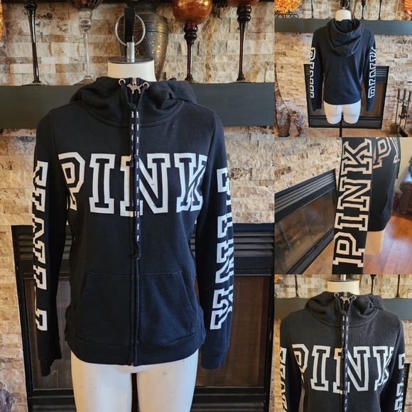 PINK Hoodie with Lettering, Attached Hood, Side Snaps Long Sleeves Size XS - Picture 2 of 11